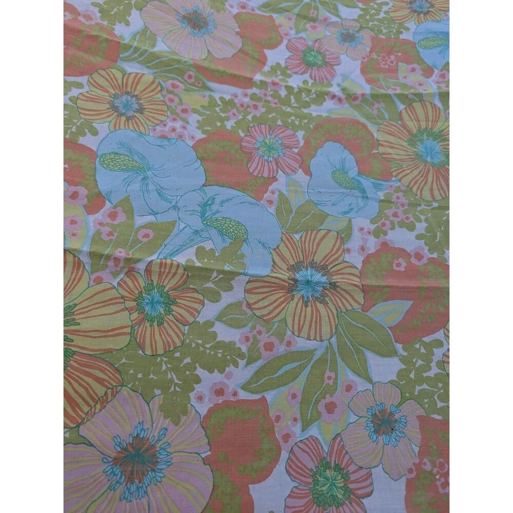 Vintage Springmaid Wondercale Queen Flat sheet 1970s Retro Floral Rajah Garden